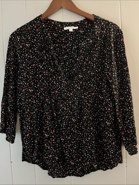 Black Floral V-Neck Blouse with Pink Accent Print